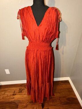 Red V-Neck Maxi Dress with Smocked Waist